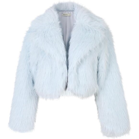 Women's Faux Fur Crop Lapel Jackets Open Front Long Sleeves Pockets Light Blue - Picture 2 of 5